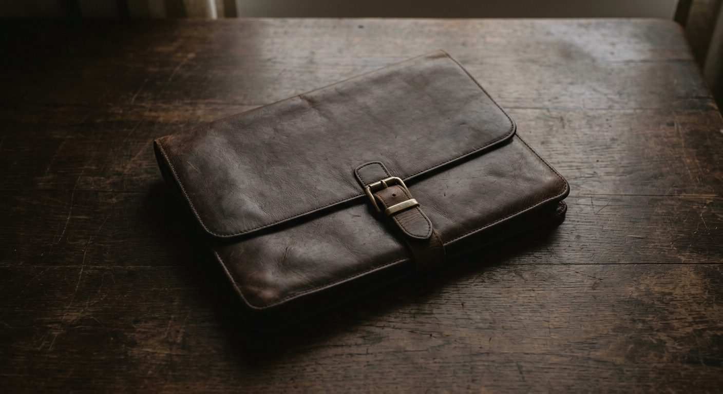 A brown leather briefcase is placed on a wooden table.