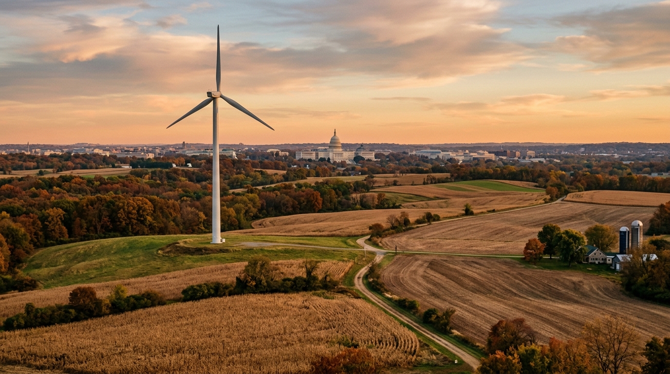 A wind turbine stands in a rural landscape with fields and a distant city skyline at sunset.