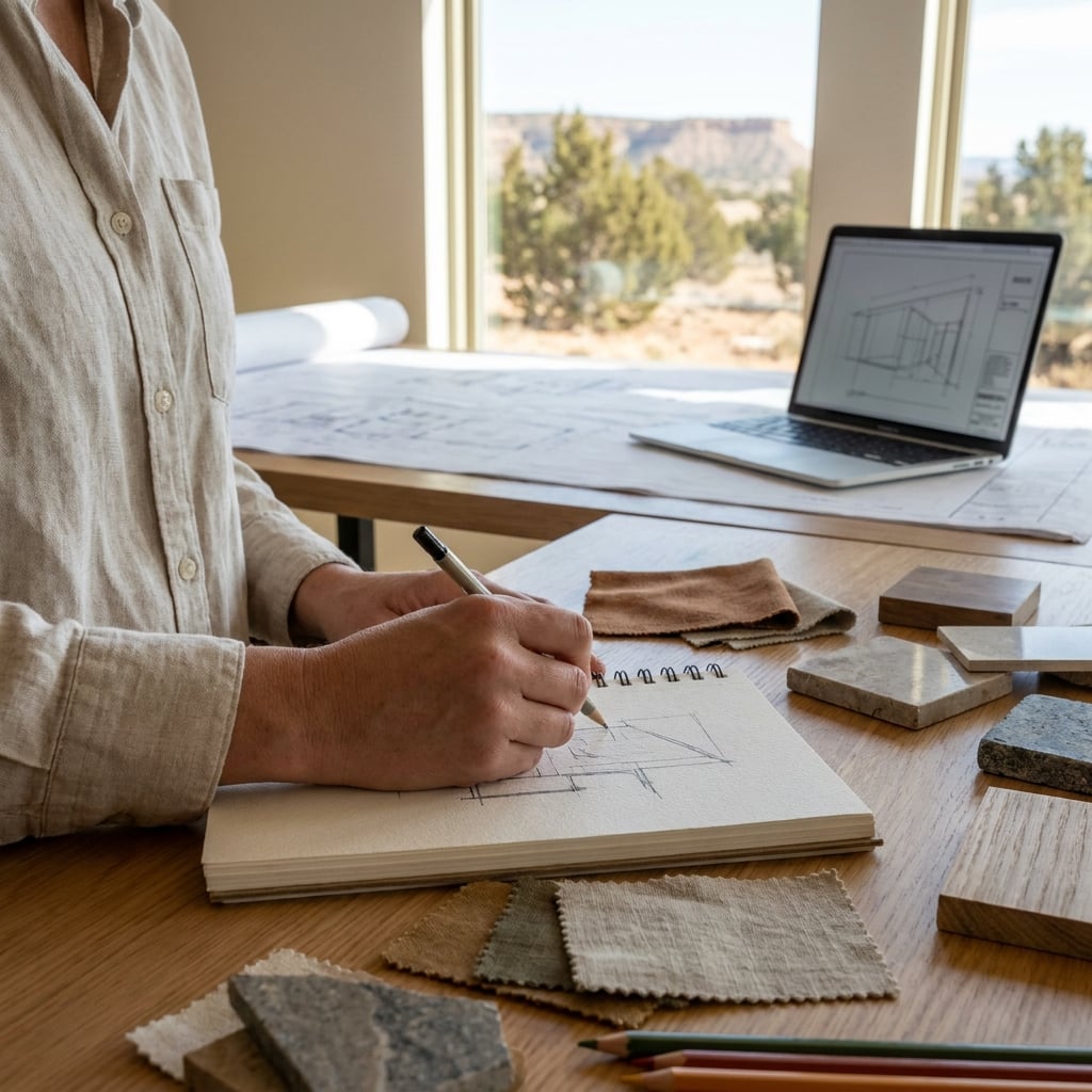 A person is sketching architectural designs on a notepad while sitting at a table with various materials and a laptop in the background.