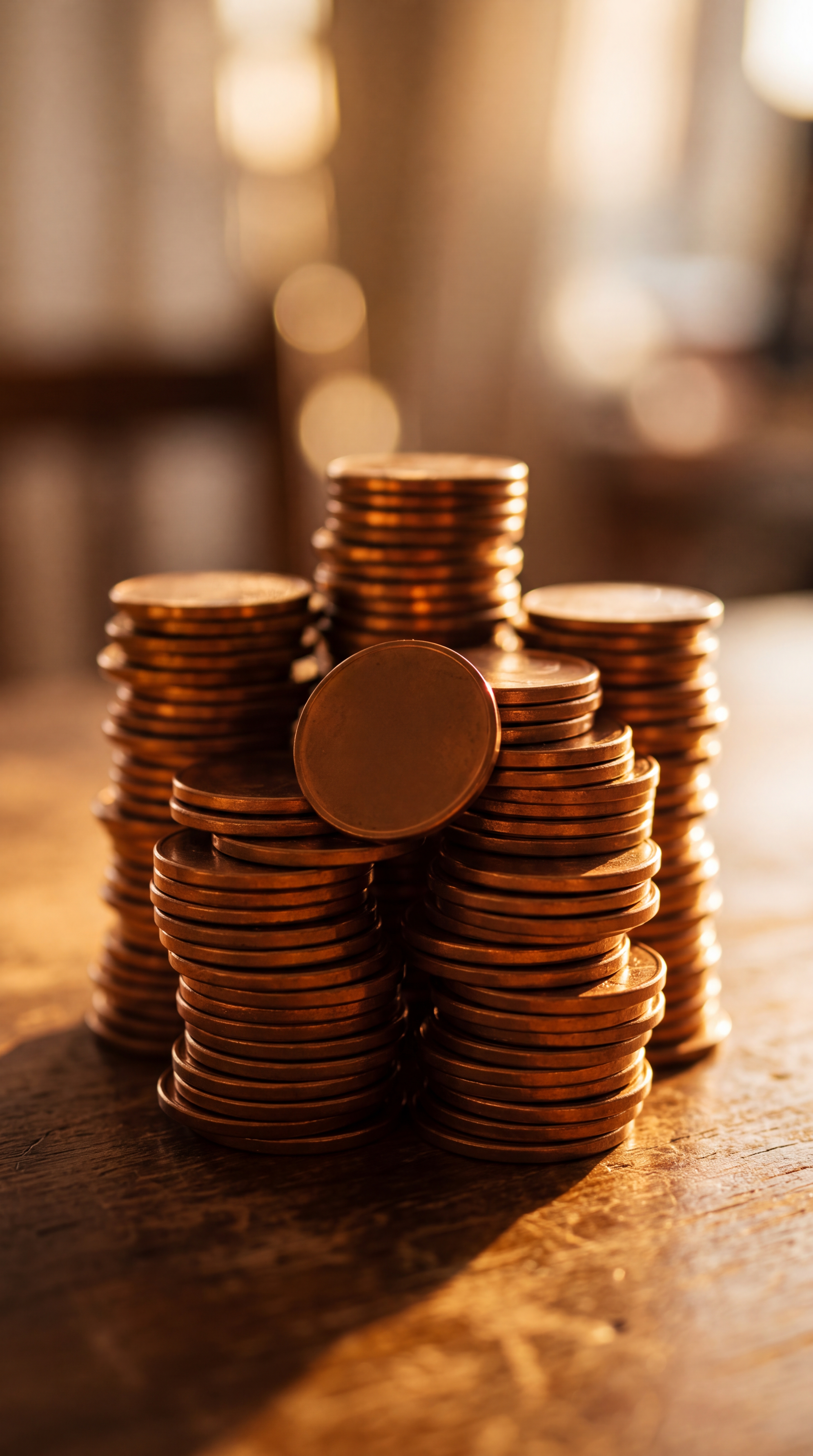 A stack of copper coins arranged in a pyramid shape on a wooden surface.