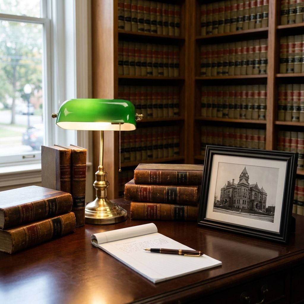 A desk with a green lamp, stacked books, a framed photo, and a notepad in a library setting.