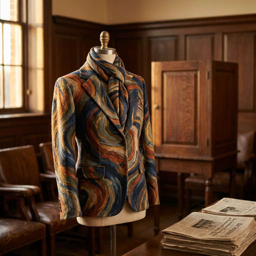 A colorful patterned blazer displayed on a mannequin in a vintage interior setting.