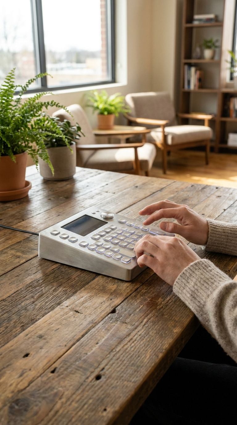 A person is typing on a modern calculator or device on a wooden table in a cozy room.