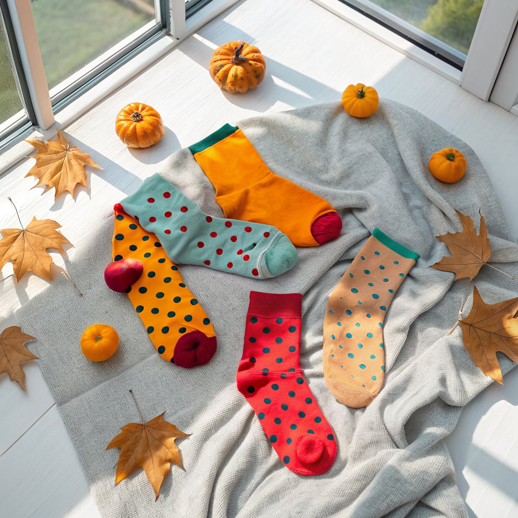 A collection of colorful polka dot socks arranged on a blanket with small pumpkins and autumn leaves.
