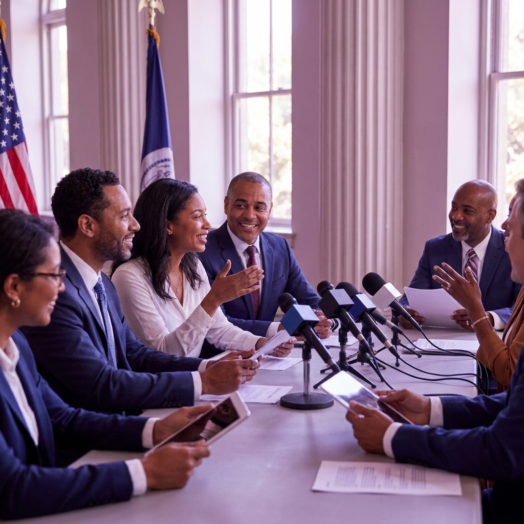 A diverse group of professionals engaged in a discussion at a conference table.