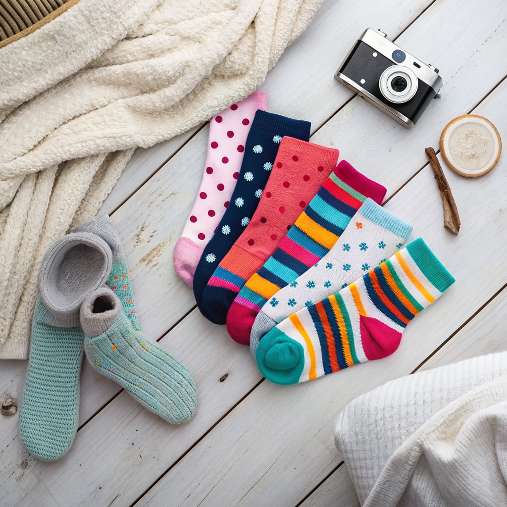 A collection of colorful socks arranged on a wooden surface next to a vintage camera.
