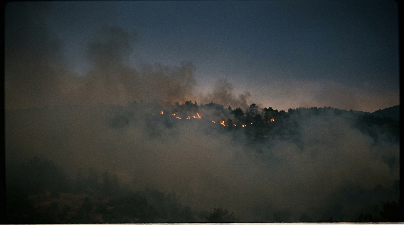 A forest fire is burning on a hillside, surrounded by smoke.