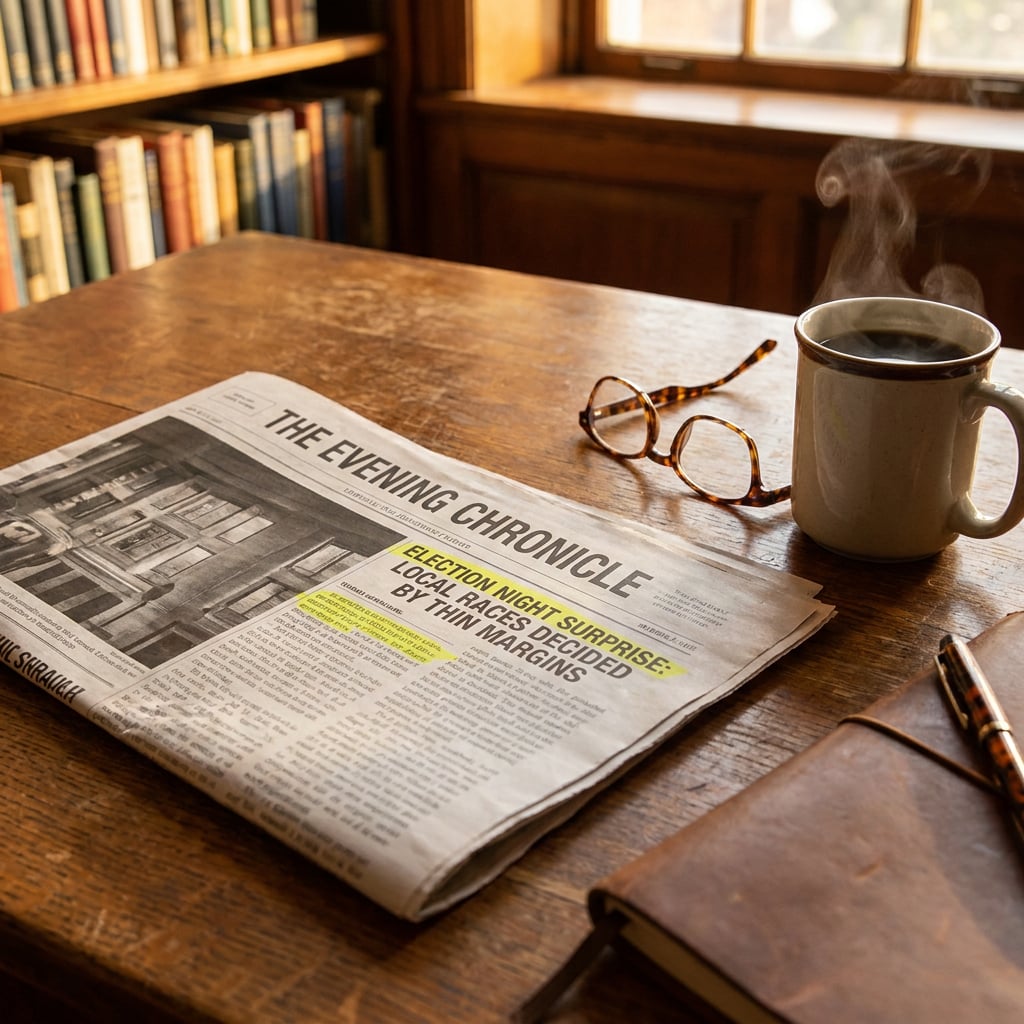A newspaper titled 'The Evening Chronicle' is placed on a wooden table next to a cup of coffee and a pair of glasses.