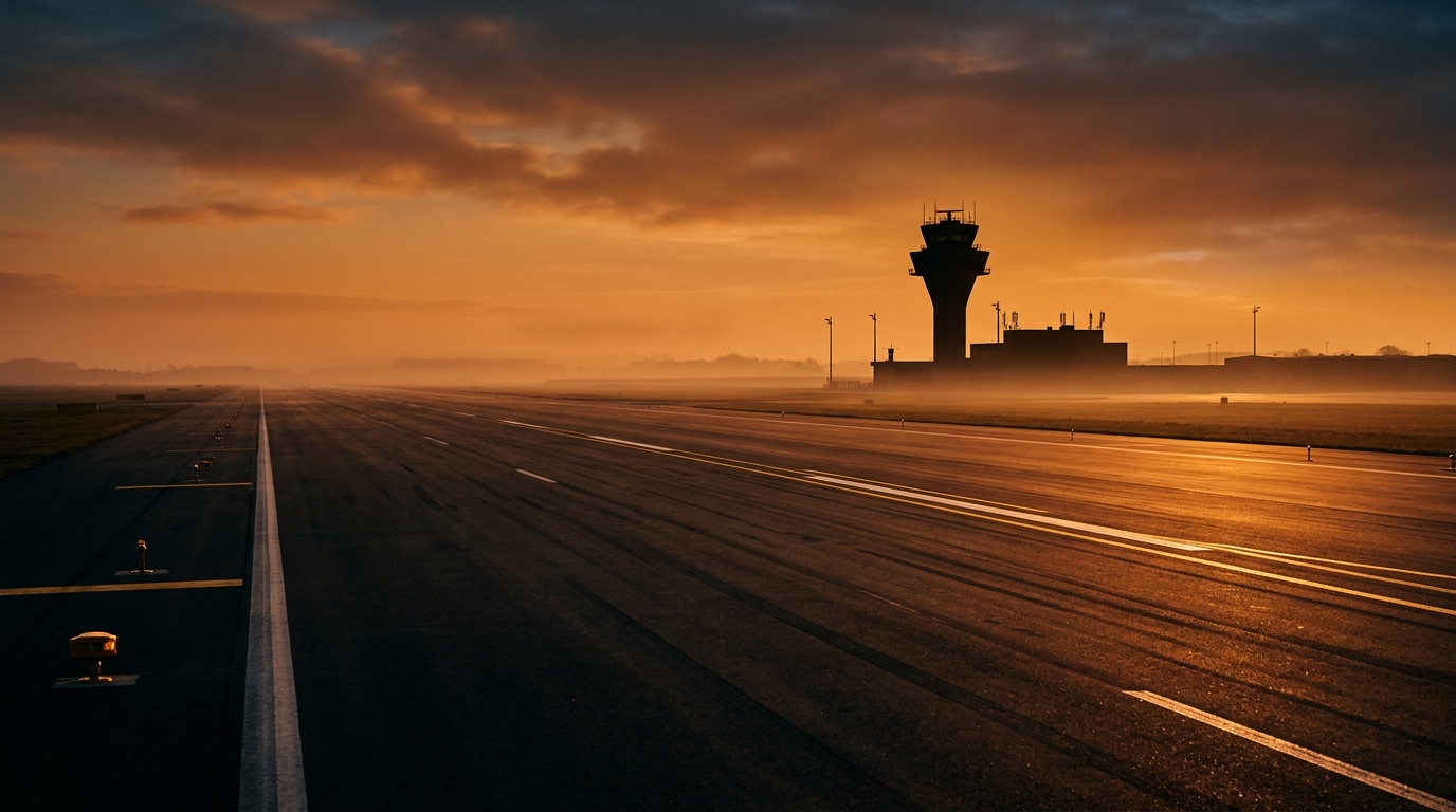 A silhouette of an airport control tower against a sunset sky.