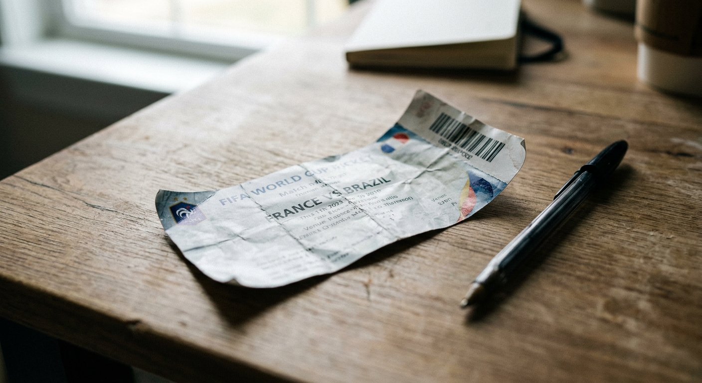 A crumpled FIFA World Cup ticket on a wooden table next to a pen and a notebook.