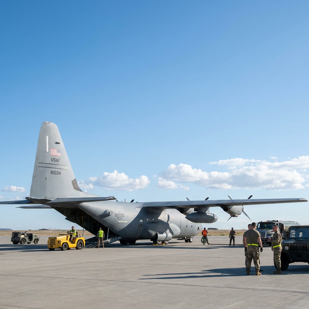 A military aircraft is parked on an airfield with personnel and vehicles nearby.