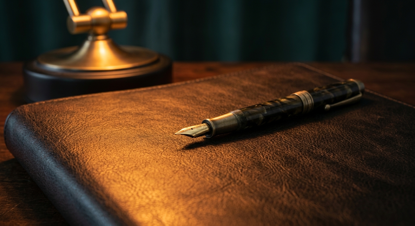 A close-up of a fountain pen resting on a leather-bound notebook beside a lamp.
