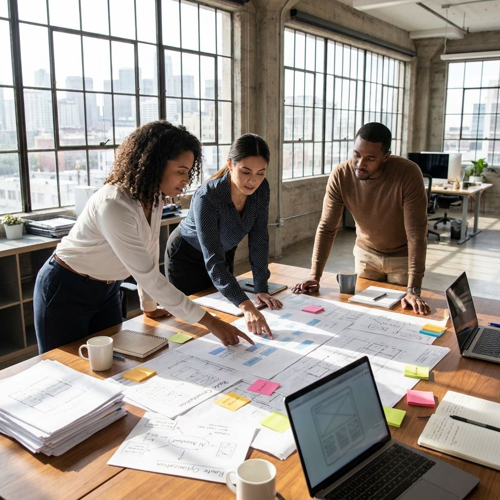 Three professionals are collaborating over a table filled with blueprints and documents in a modern office.
