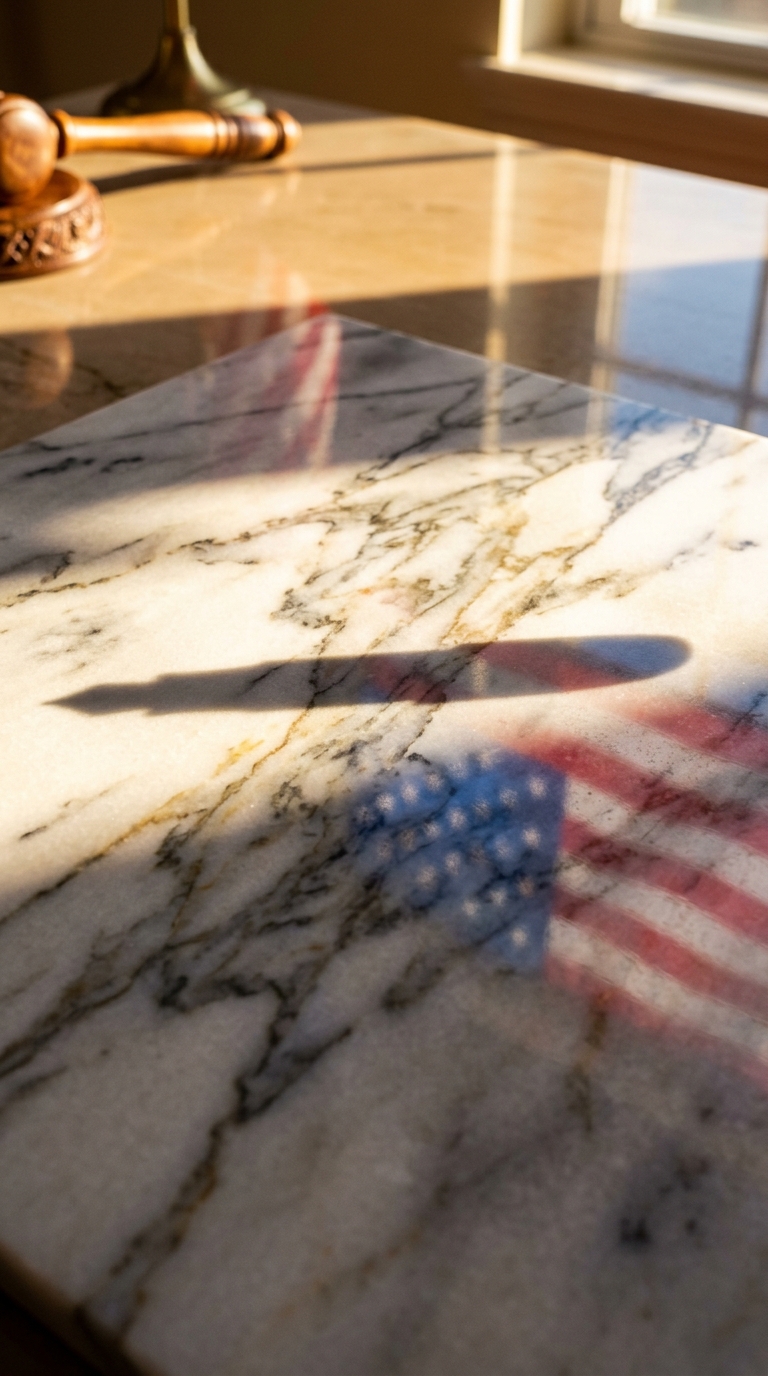 A marble surface with a shadow of a pen and the reflection of the American flag.