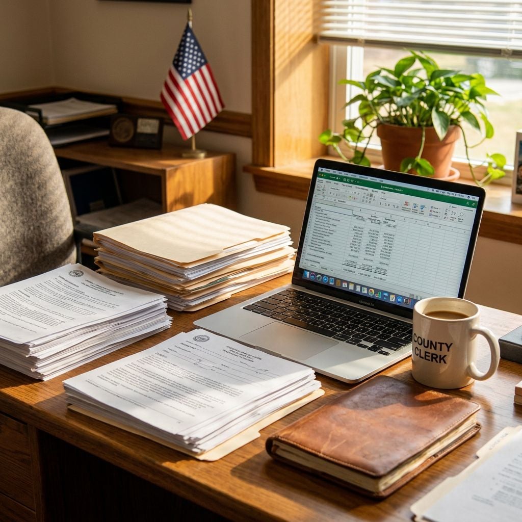 A desk with stacks of paperwork, a laptop displaying a spreadsheet, and a coffee mug in an office setting.