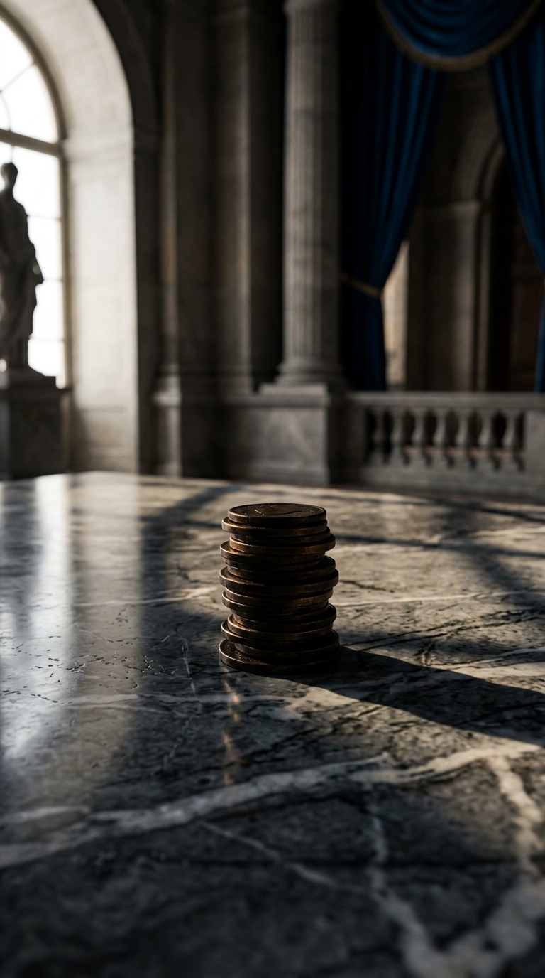 A stack of coins is placed on a marble table in a grand interior space.