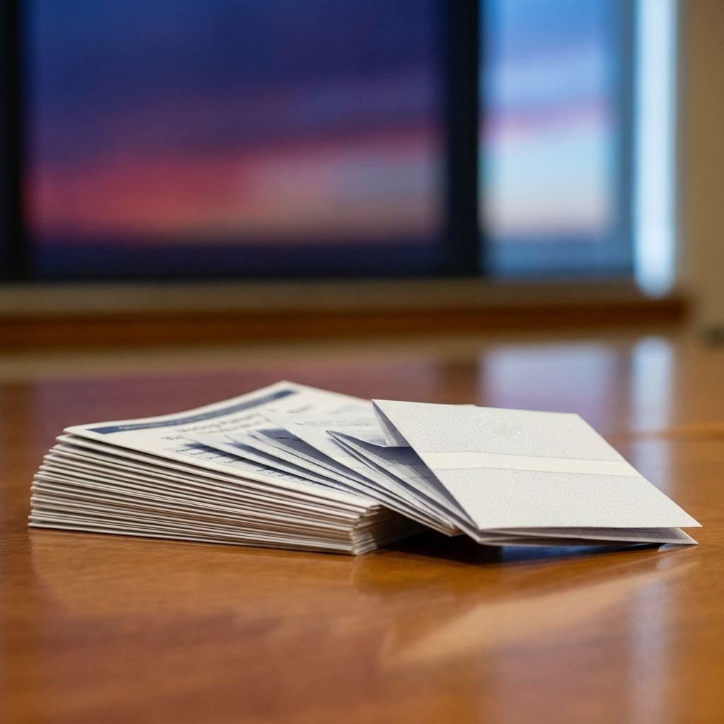 A stack of envelopes is placed on a wooden table with a blurred background showing a colorful sky.