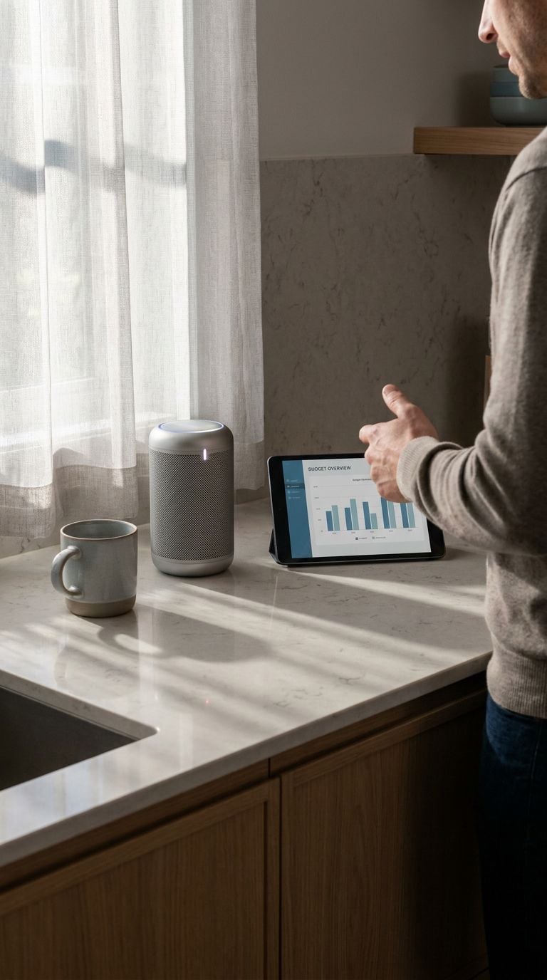 A person using a tablet while standing next to a smart speaker and a coffee mug on a kitchen countertop.
