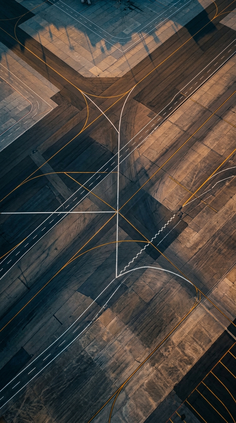 An aerial view of intersecting airport runways and taxiways.