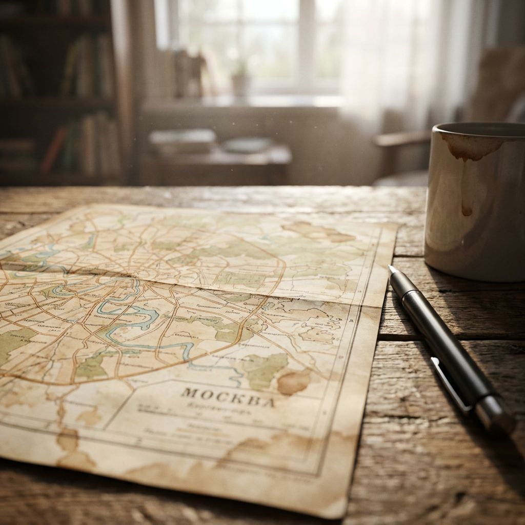 A vintage map of Moscow is laid out on a wooden table next to a coffee mug and a pen.