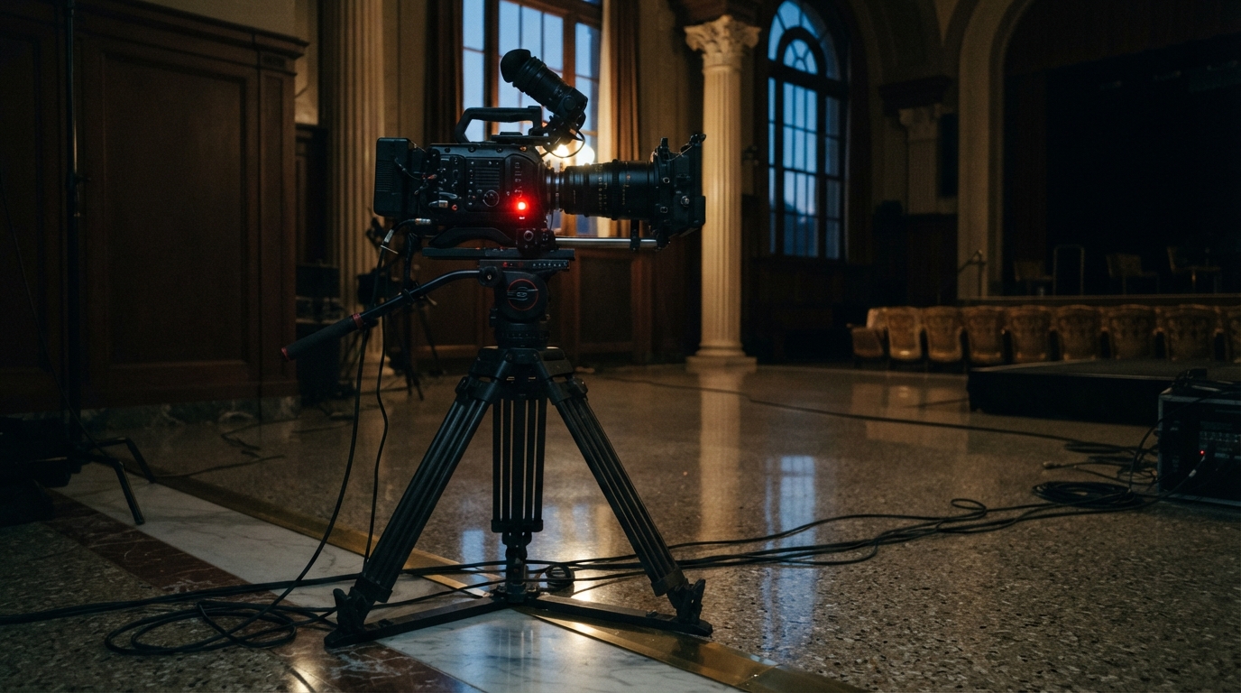 A professional camera on a tripod set up in a large indoor space.