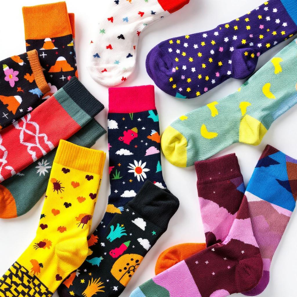 A collection of colorful patterned socks arranged in a flat lay.
