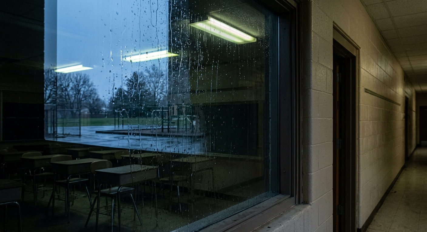 A dimly lit school hallway with rain on the windows and empty classrooms.