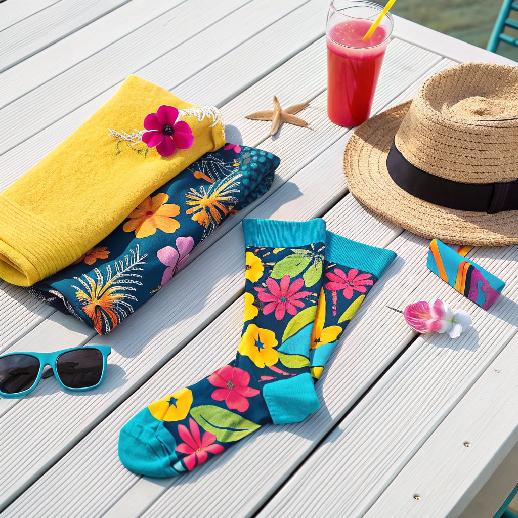 A flat lay of colorful beach accessories including socks, towels, sunglasses, a hat, and a drink.