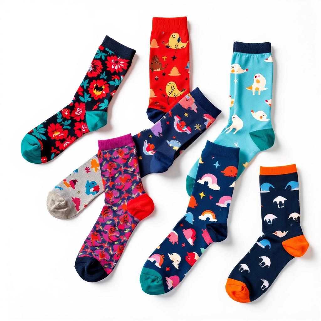 A collection of colorful patterned socks arranged on a white background.