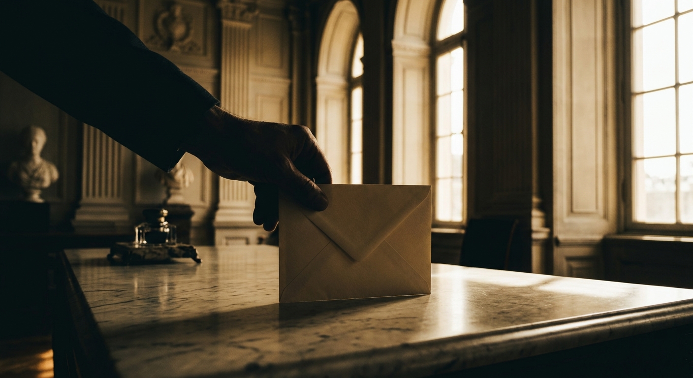 A hand placing an envelope on a marble table in a grand room.