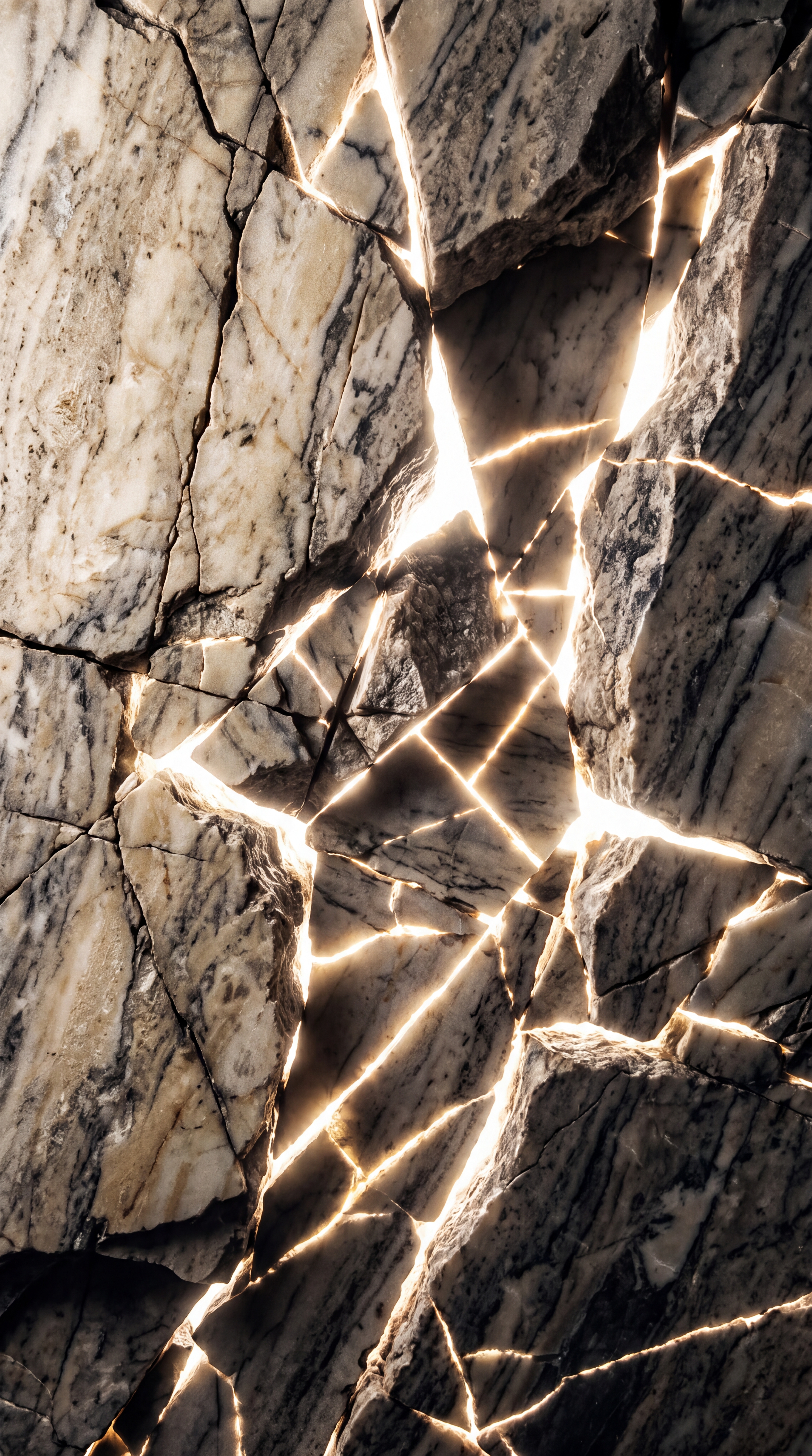 A close-up view of cracked marble with light shining through the fissures.