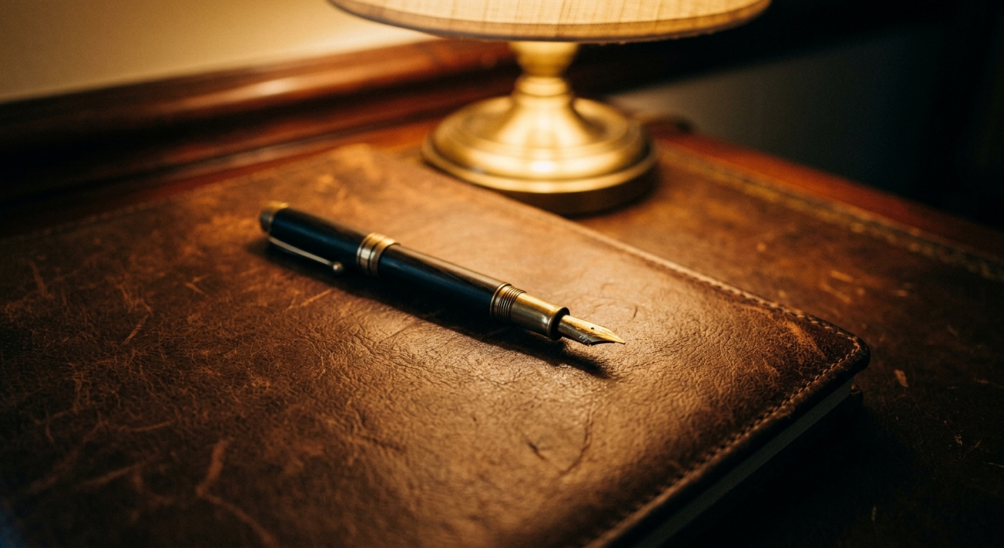 A fountain pen resting on a leather-bound notebook next to a lamp.