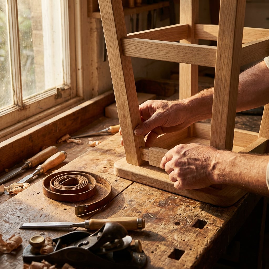 A person assembling a wooden chair in a workshop.
