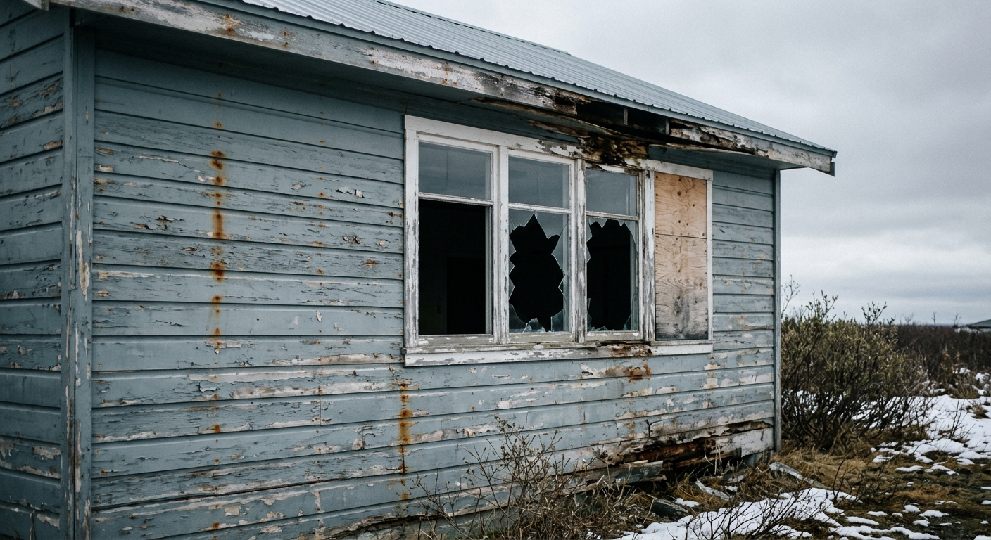 An abandoned blue wooden house with broken windows and peeling paint.