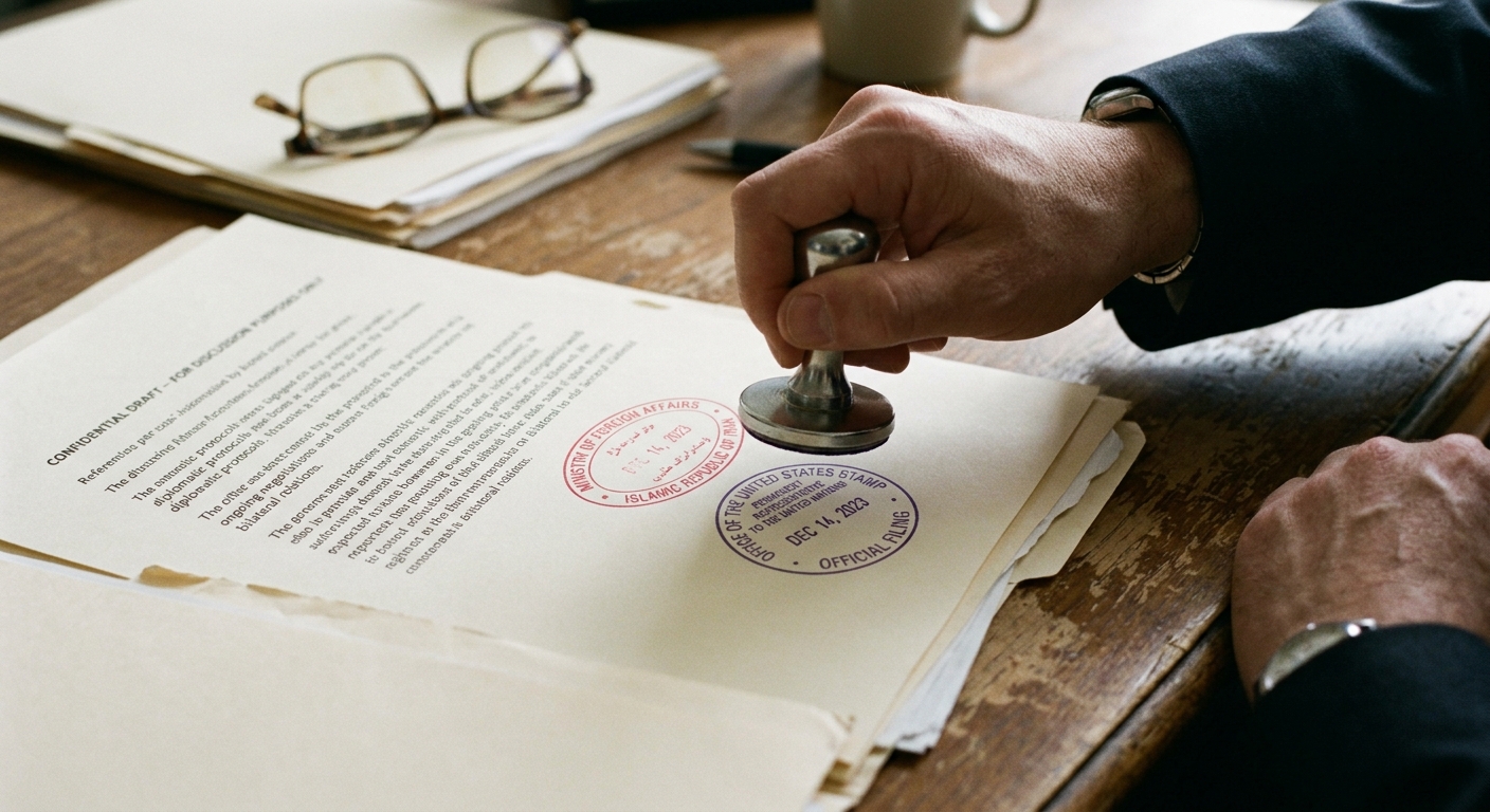 A person is stamping documents with a red and purple seal.