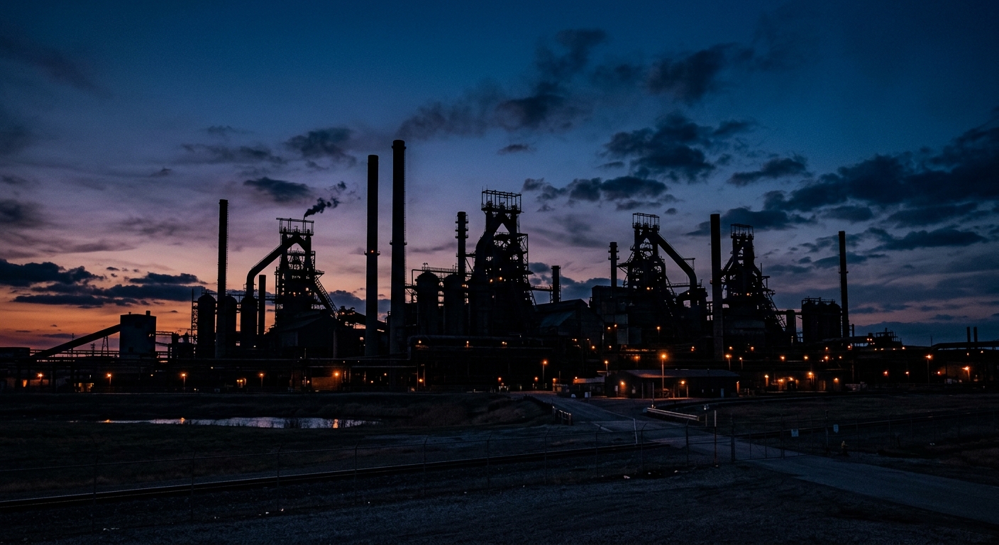 A silhouette of industrial structures against a twilight sky.