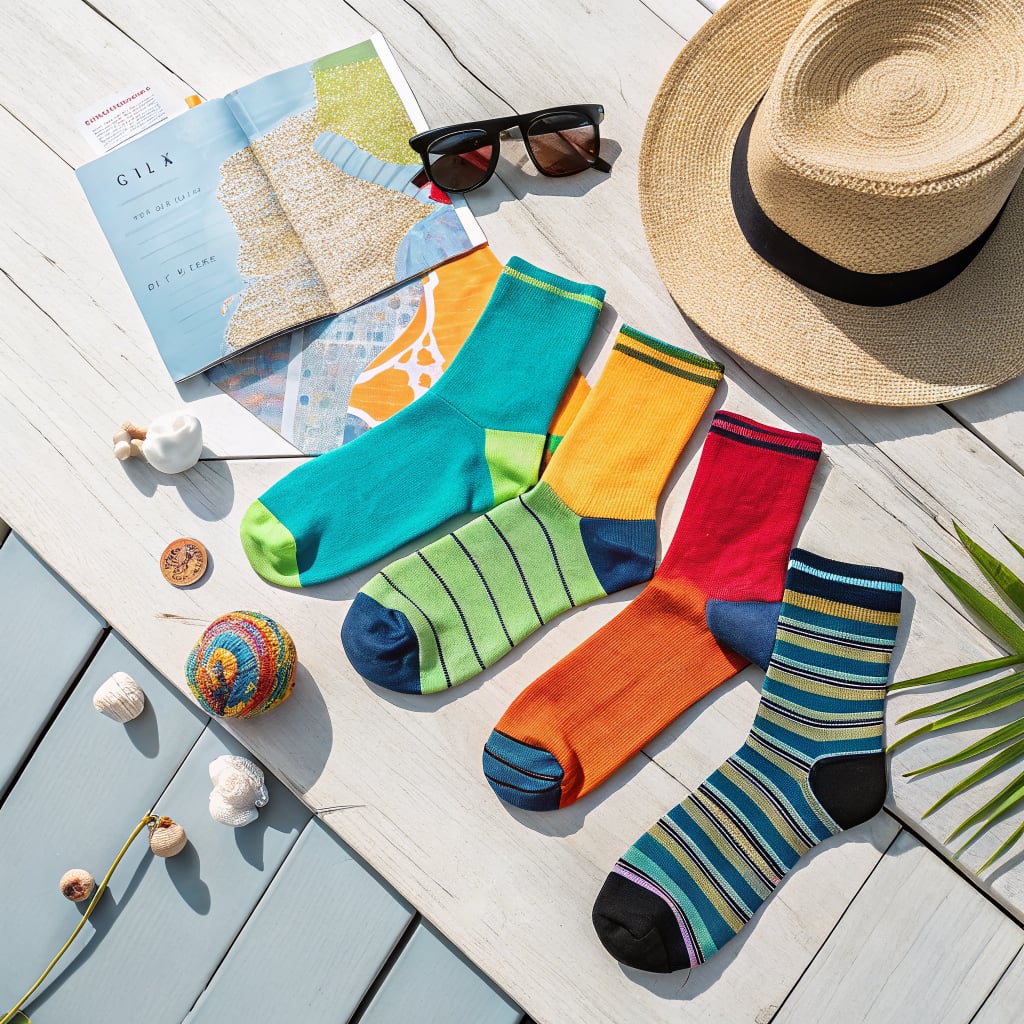 A flat lay of colorful socks arranged on a wooden surface with a straw hat, sunglasses, a travel magazine, and decorative items.