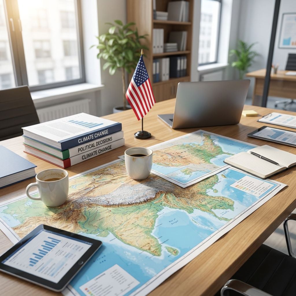 A conference table with a map, coffee cups, and an American flag in an office setting.