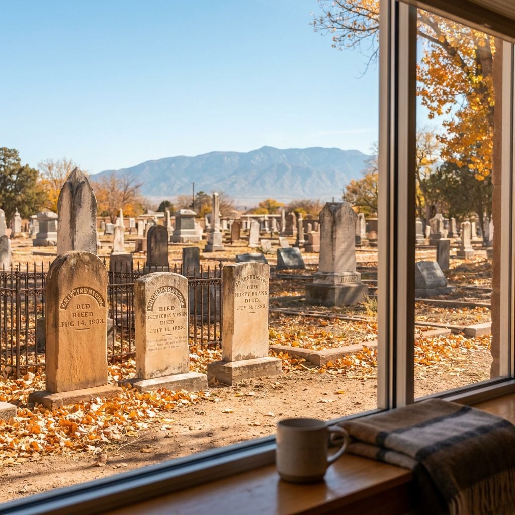 A view of a cemetery with gravestones and autumn trees, seen through a window with a mug on the sill.