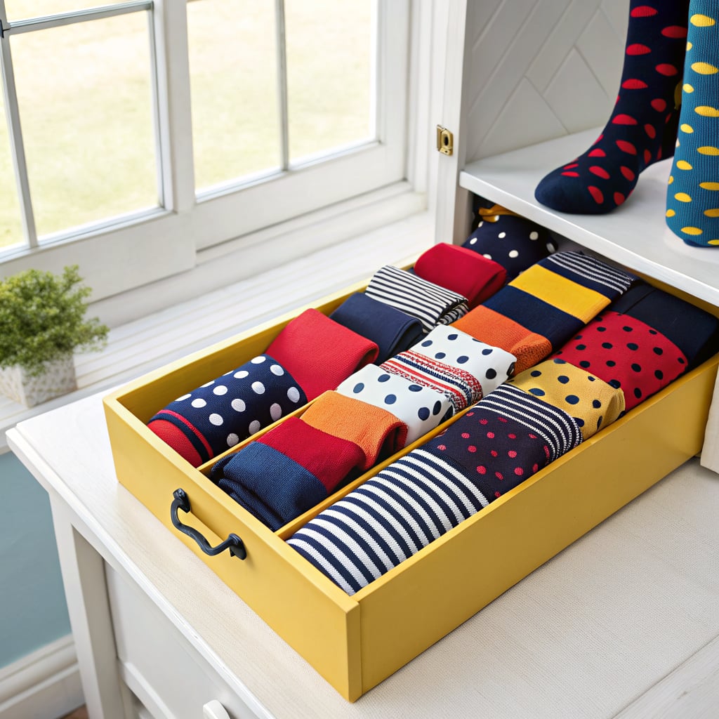 A neatly organized drawer filled with colorful socks in various patterns.