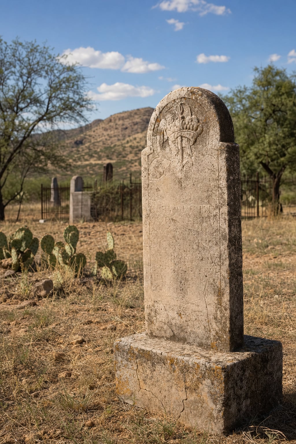 A weathered gravestone stands in a dry landscape with sparse vegetation and distant hills.