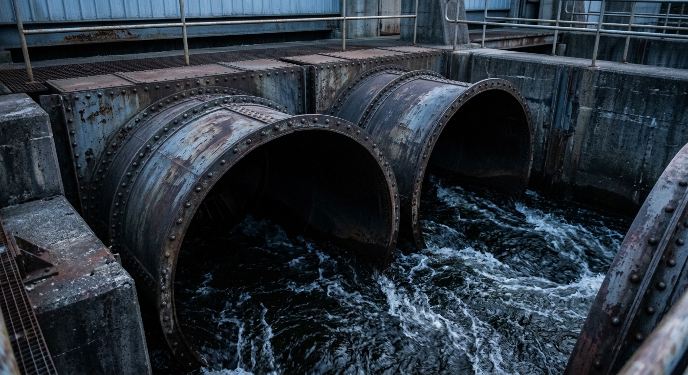 The image shows large, rusty pipes discharging water in a facility.