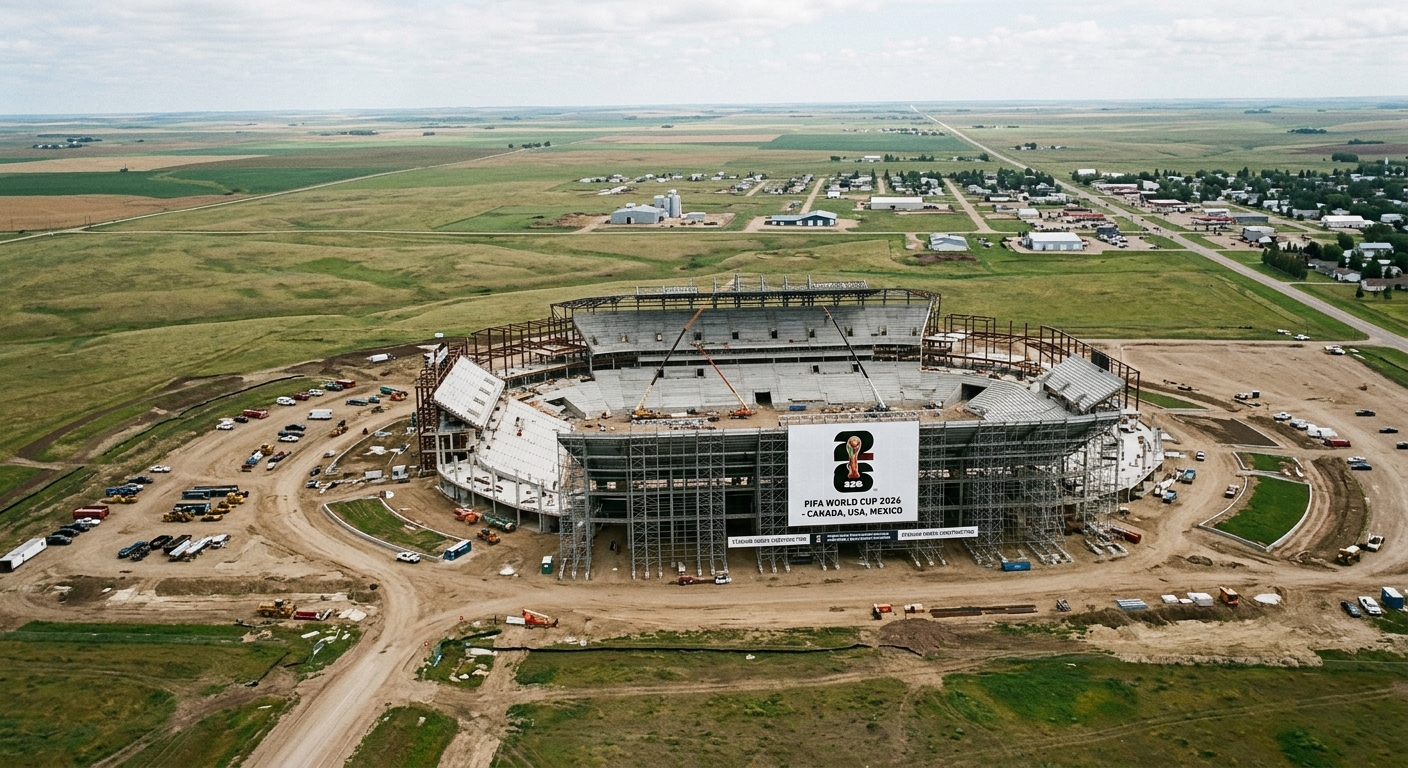 An aerial view of a stadium under construction in a rural area.