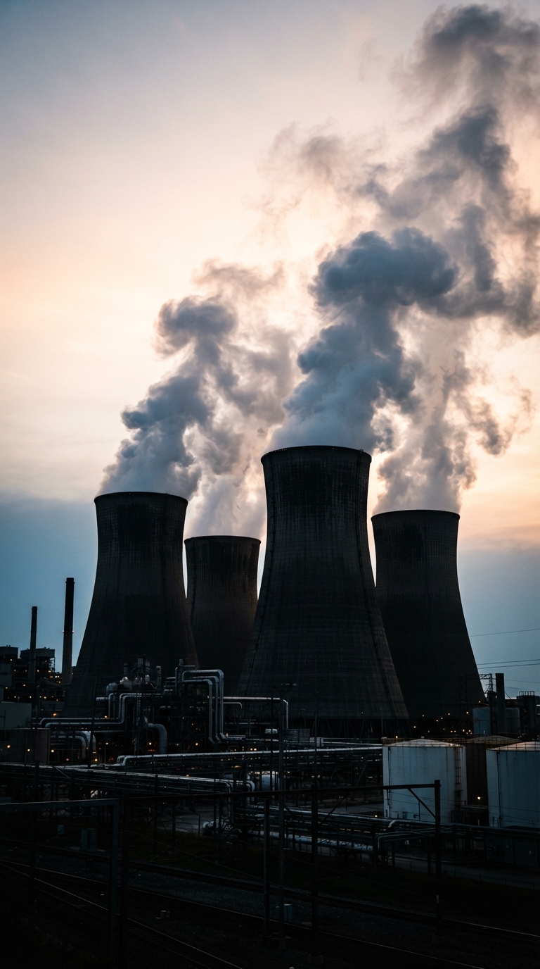 The image shows cooling towers emitting steam against a twilight sky.