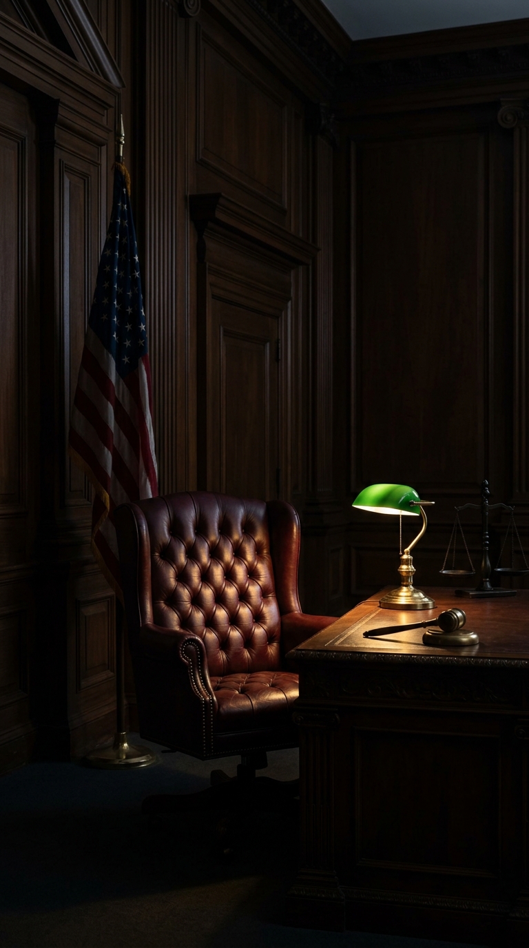 A dimly lit office featuring a leather chair, a desk with a green lamp, and an American flag.