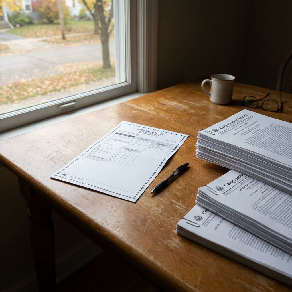 A stack of printed documents on a wooden table next to a window with a coffee mug and glasses.