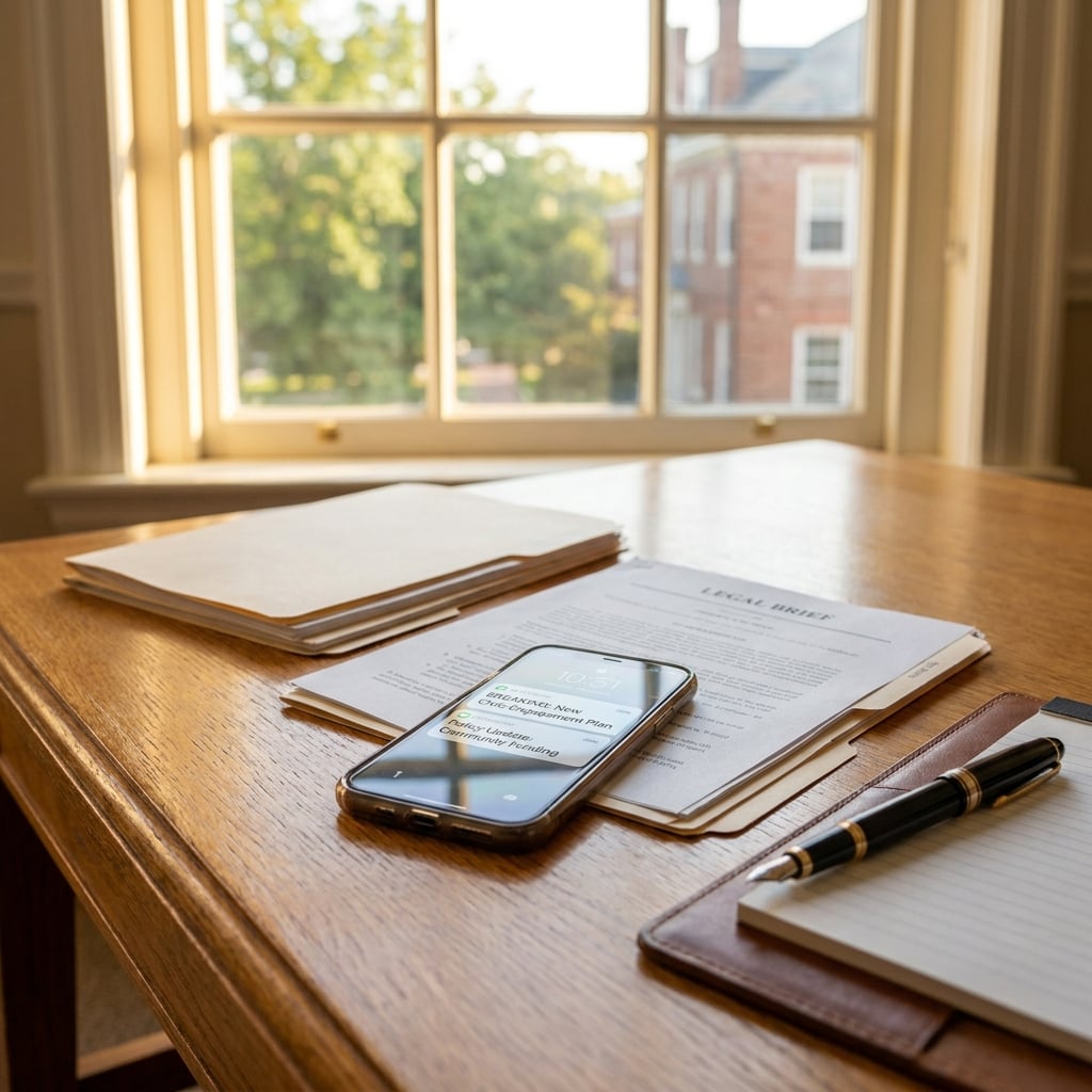 A smartphone rests on a wooden desk alongside papers and a pen, with sunlight streaming through a window.