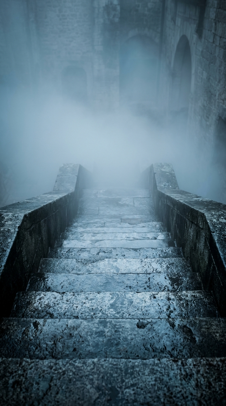 A set of stone stairs leading down into a foggy environment.
