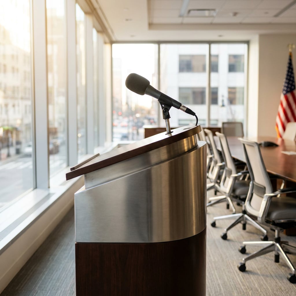 A microphone is positioned on a podium in a modern conference room with large windows.