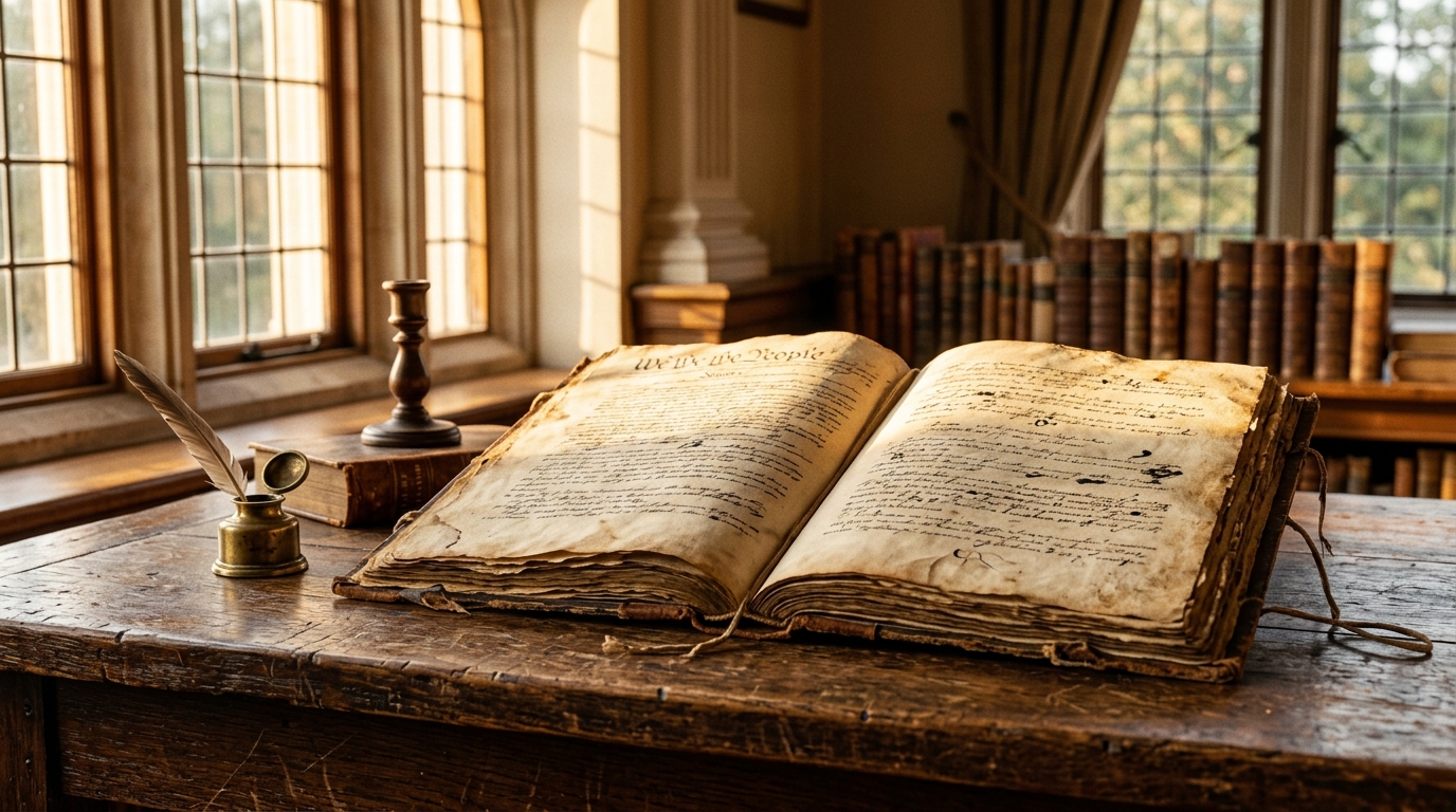 An open antique book on a wooden desk with a quill and inkwell beside it.